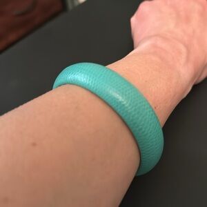 Vintage Plastic Bangle Bracelet, Faux Leather Exterior, Teal, Retro, Boho
